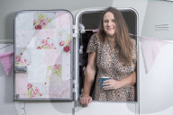 Journalist Katie Glass who has downsized to a caravan in Midsomer Norton,  Gloucestershire. 