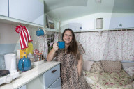 Journalist Katie Glass who has downsized to a caravan in Midsomer Norton,  Gloucestershire. 