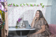 Journalist Katie Glass who has downsized to a caravan in Midsomer Norton,  Gloucestershire. 