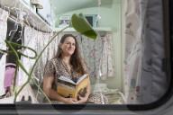 Journalist Katie Glass who has downsized to a caravan in Midsomer Norton,  Gloucestershire. 