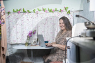 Journalist Katie Glass who has downsized to a caravan in Midsomer Norton,  Gloucestershire. 