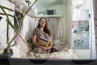 Journalist Katie Glass who has downsized to a caravan in Midsomer Norton,  Gloucestershire. 