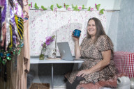 Journalist Katie Glass who has downsized to a caravan in Midsomer Norton,  Gloucestershire. 