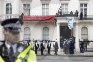 Four arrested after protest at Oleg Deripaska’s London mansion. Group earlier said they had made peace with arrest after claiming property for Ukrainian refugees.
