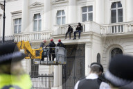 Four arrested after protest at Oleg Deripaska’s London mansion. Group earlier said they had made peace with arrest after claiming property for Ukrainian refugees.