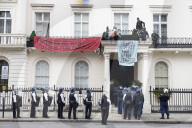 Four arrested after protest at Oleg Deripaska’s London mansion. Group earlier said they had made peace with arrest after claiming property for Ukrainian refugees.