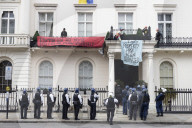 Four arrested after protest at Oleg Deripaska’s London mansion. Group earlier said they had made peace with arrest after claiming property for Ukrainian refugees.