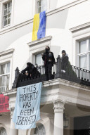 Four arrested after protest at Oleg Deripaska’s London mansion. Group earlier said they had made peace with arrest after claiming property for Ukrainian refugees.