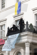Four arrested after protest at Oleg Deripaska’s London mansion. Group earlier said they had made peace with arrest after claiming property for Ukrainian refugees.