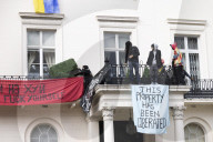 Four arrested after protest at Oleg Deripaska’s London mansion. Group earlier said they had made peace with arrest after claiming property for Ukrainian refugees.