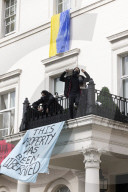Four arrested after protest at Oleg Deripaska’s London mansion. Group earlier said they had made peace with arrest after claiming property for Ukrainian refugees.