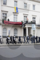 Four arrested after protest at Oleg Deripaska’s London mansion. Group earlier said they had made peace with arrest after claiming property for Ukrainian refugees.