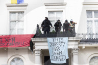 Four arrested after protest at Oleg Deripaska’s London mansion. Group earlier said they had made peace with arrest after claiming property for Ukrainian refugees.