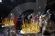 Worshipers attend a service at St. Volodymyr's Cathedral in Kyiv, Ukraine.