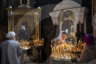 Worshipers attend a service at St. Volodymyr's Cathedral in Kyiv, Ukraine.