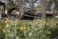 NEWS - Ukraine-Krieg:  Ein von den ukrainischen Streitkräften zerstörter russischer Panzer in Wilhivka, Ukraine