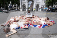 PETA Supporters hold a  ‘Die-In’ Against the use of Bearskin Caps at Marble Arch, London, Great Britain 28th May 2022. 