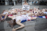 PETA Supporters hold a  ‘Die-In’ Against the use of Bearskin Caps at Marble Arch, London, Great Britain 28th May 2022. 