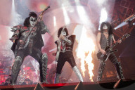 Paul Stanley Gene Simmons Tommy Thayer Eric Singer from Kiss band performing at Accor Arena in Paris