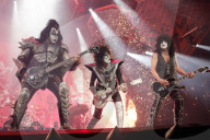 Paul Stanley Gene Simmons Tommy Thayer Eric Singer from Kiss band performing at Accor Arena in Paris