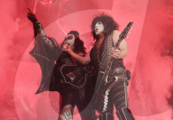 Paul Stanley Gene Simmons Tommy Thayer Eric Singer from Kiss band performing at Accor Arena in Paris