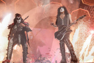Paul Stanley Gene Simmons Tommy Thayer Eric Singer from Kiss band performing at Accor Arena in Paris