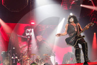 Paul Stanley Gene Simmons Tommy Thayer Eric Singer from Kiss band performing at Accor Arena in Paris