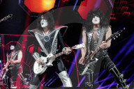 Paul Stanley Gene Simmons Tommy Thayer Eric Singer from Kiss band performing at Accor Arena in Paris