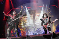 Paul Stanley Gene Simmons Tommy Thayer Eric Singer from Kiss band performing at Accor Arena in Paris