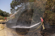 Firefighters put out a grass fire at Hollow Ponds in Leytonstone, East London.