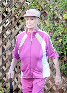 Rarely seen Hollywood veteran Shirley Jones, 88, cuts a colorful figure as she exits a fancy steakhouse in the San Fernando Valley after an early dinner with friends. 