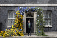 Ukrainian Flower Arch displayed on the door of 10 Downing Street