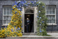 Ukrainian Flower Arch displayed on the door of 10 Downing Street