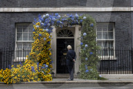 Ukrainian Flower Arch displayed on the door of 10 Downing Street