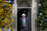 Ukrainian Flower Arch displayed on the door of 10 Downing Street