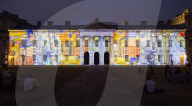 Discover Ukraine: Bits Destroyed - a light projection onto the Old Royal Naval College buildings, Greenwich, London