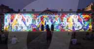 Discover Ukraine: Bits Destroyed - a light projection onto the Old Royal Naval College buildings, Greenwich, London