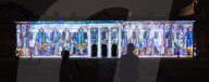 Discover Ukraine: Bits Destroyed - a light projection onto the Old Royal Naval College buildings, Greenwich, London