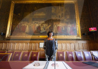 AI robot Ai-Da prior to giving evidence to a House of Lords inquiry where she will answer questions concerning tech and creativity. 
The House of Lords, Palace of Westminster, London.