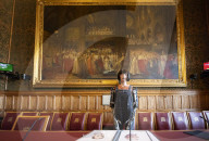 AI robot Ai-Da prior to giving evidence to a House of Lords inquiry where she will answer questions concerning tech and creativity. 
The House of Lords, Palace of Westminster, London.