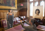 AI robot Ai-Da prior to giving evidence to a House of Lords inquiry where she will answer questions concerning tech and creativity. 
The House of Lords, Palace of Westminster, London.