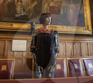 AI robot Ai-Da prior to giving evidence to a House of Lords inquiry where she will answer questions concerning tech and creativity. 
The House of Lords, Palace of Westminster, London.