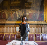 AI robot Ai-Da prior to giving evidence to a House of Lords inquiry where she will answer questions concerning tech and creativity. 
The House of Lords, Palace of Westminster, London.