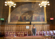 AI robot Ai-Da prior to giving evidence to a House of Lords inquiry where she will answer questions concerning tech and creativity. 
The House of Lords, Palace of Westminster, London.