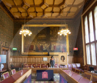 AI robot Ai-Da prior to giving evidence to a House of Lords inquiry where she will answer questions concerning tech and creativity. 
The House of Lords, Palace of Westminster, London.