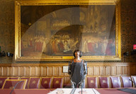 AI robot Ai-Da prior to giving evidence to a House of Lords inquiry where she will answer questions concerning tech and creativity. 
The House of Lords, Palace of Westminster, London.