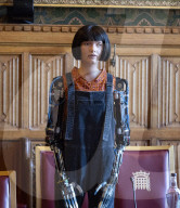 AI robot Ai-Da prior to giving evidence to a House of Lords inquiry where she will answer questions concerning tech and creativity. 
The House of Lords, Palace of Westminster, London.