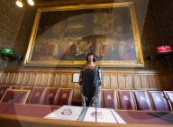 AI robot Ai-Da prior to giving evidence to a House of Lords inquiry where she will answer questions concerning tech and creativity. 
The House of Lords, Palace of Westminster, London.