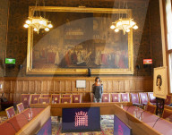 AI robot Ai-Da prior to giving evidence to a House of Lords inquiry where she will answer questions concerning tech and creativity. 
The House of Lords, Palace of Westminster, London.
