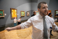 Climate activists splattered what appears to be tomato soup on "Sunflowers" by Vincent van Gogh